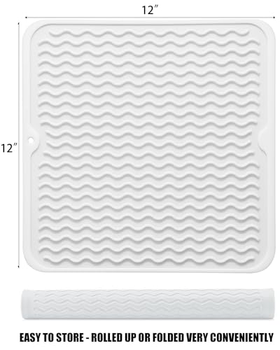 Image of Silicone Dish Drying Mat for Multiple Usage, Easy clean, Eco-friendly, Heat-resistant Dish Drainer Mat for Kitchen Counter,Sink,Refrigerator or Drawer liner (12 inch x 12 inch, White)