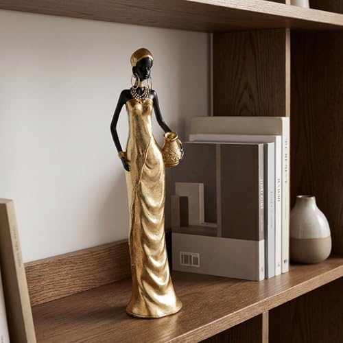 Statues africaines, sculpture africaine de femme tribale, figurines noires en résine fabriquées à la main, finition dorée, figurine élégante tenant un vase pour la...
