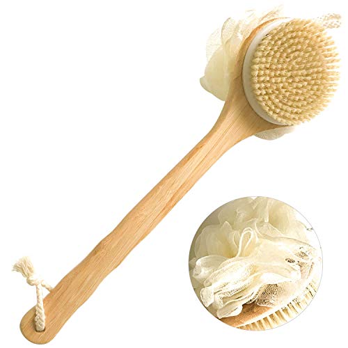 2 IN 1 Shower Body Brush with Bristles and Loofah, Back Scrubber Bath Mesh Sponge with Bamboo Long Handle for Skin Exfoliating