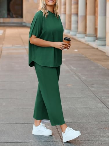 Image of Beautife Women's Plus Size 2 Piece Outfits 3 /4 Batwing Sleeve Capelet Crew Neck Pullover Top Wide Leg Pants Lounge Set
