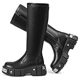 女性用ブラックニーハイブーツ パンク ゴス プラットフォームブーツ ラウンドトゥ サイドジッパー カジュアル トールワイドカーフ ファッション オートバイ コンバット リベット ブロック ヒール 伸縮性 チャンキー ミッドカーフ, A-ブラック, 23.0 cm