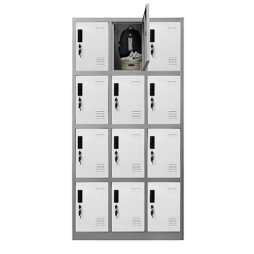 Locker Steel Cabinet Storage with Lock 12 Doors Metal Cupboard for Office School Gym Changing Room 185cm Dark Grey & White