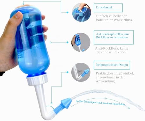 Nasendusche,Nasenspülung,Poduschesche,Nasendusche Erwachsene und Kinder 300ml mit 30 Nasenspülsalz und Thermometer-Aufkleber zum Nasenreinigung und Nasenspülung(Blau)