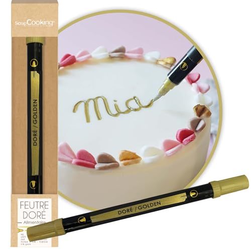 ScrapCooking - Feutre Alimentaire Doré - Encre Comestible pour Dessiner & Écrire - Double Pointe - Pâte à Sucre, Biscuits, Macarons, Chocolats - Stylo...