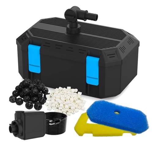 VCRAZE 400GPH Pond Filter Pump with 4-Stage Filtration Fish Pond Filter for Outdoor Ponds 200-350 Gal Pond Pump Filter Box for Garden Waterfall Fountain Water Feature