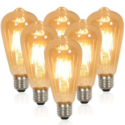 Comely Bombillas de filamento led ST64 6 × E27 4W (medida 3.1W) vidrio ámbar 3000K blanco cálido paquete de 6 — estilo vintage para la decoración del café de la sala de estar