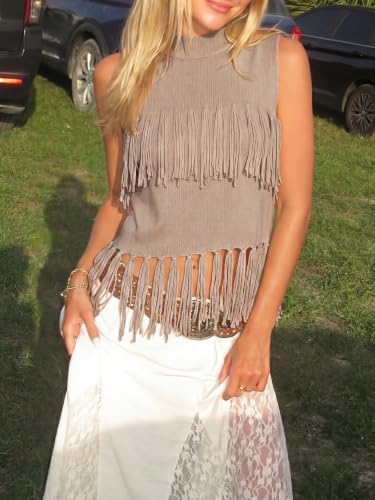 Tankaneo Womens Fringe Knit Tank Tops Summer Trendy Casual High Neck Sleeveless Shirts Boho Loose Fit Sweater Vest Apricot — view 2