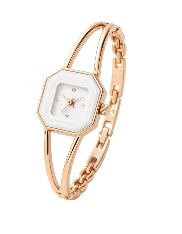 Women’s Designer Octagonal Bangle Watch | Minimalist White Dial with Crystal Markers | Sleek Rose Gold Bracelet Watch for Party | Luxury Gift for Her | White-image-47