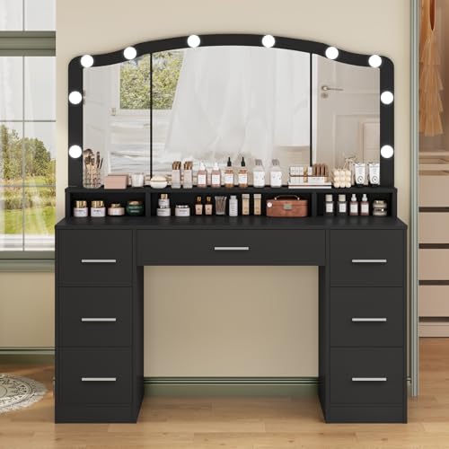usikey 43.3" Vanity Desk with Large Lighted Mirror, Makeup Vanity