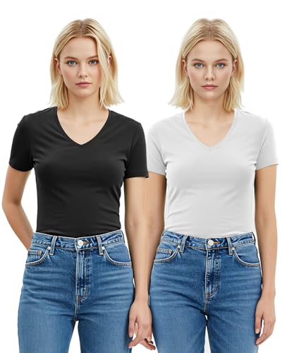 Emmalise Women's Short Sleeve T Shirt V Neck Tee Value Set (2Pk, Black, White, Small)
