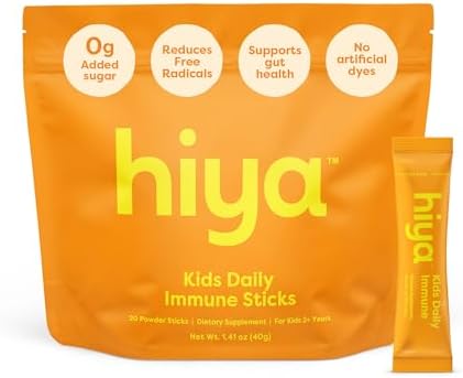 Hiya Kids Immune Support – Vitamin C, Elderberry & Beta Glucans for Ages 2+, Delicious Orange Flavor, 0g Sugar – 20 Stick Packs for Toddlers & Kids