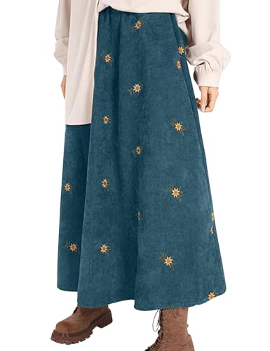 COZYPOIN Women’s Corduroy Long Skirt Spring Fall Embroidery Floral A-Line Skirt Vintage Elastic High Waist Ruffle Maxi Skirt2