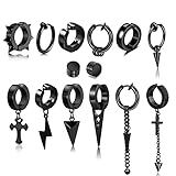 14 Pcs Black Punk Stainless Steel Fake Piercing Spike Rivet Cross Triangle Dangle Tassel Clip on Hoo
