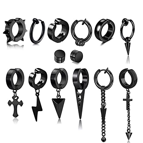 14 Pcs Black Punk Stainless Steel Fake Piercing Spike Rivet Cross Triangle Dangle Tassel Clip On Hoop Earrings Set For Women Men, Non Pierced Fake Stud Earrings (Black-Set A) #TOP15