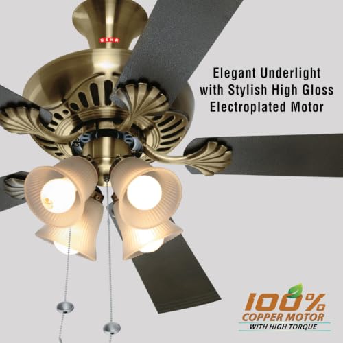 Image of USHA Fontana Maple 1250mm BLDC Ceiling Fan with Decorative Lights|BEE 5 Star Rated|100% Copper Motor|RF Remote, High Air Delivery|3Y Motor & 2Y PCB Warranty|(Antique Brass) Pack of 1|Free Installation