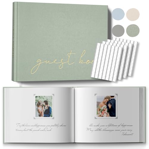 Wedding Guest Book with Table Sign and 216 Photo Corners Stickers Linen Polaroid Guest Book for WeddingBaby Shower - 100 Blank Pages Guestbook for Sign in and Photos- Sage 8x10