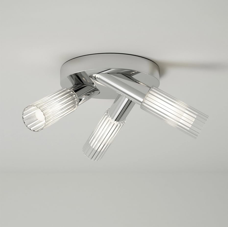 Pebble Grey Aulos 3 Plate Ceiling Light 337 x 331 x 164mm Chrome - Bathroom Lights, Ribbed Glass Ceiling Shade, Flush Mount Fitting, Modern Indoor Lighting, IP44 Bathroom Rated, Home Lighting