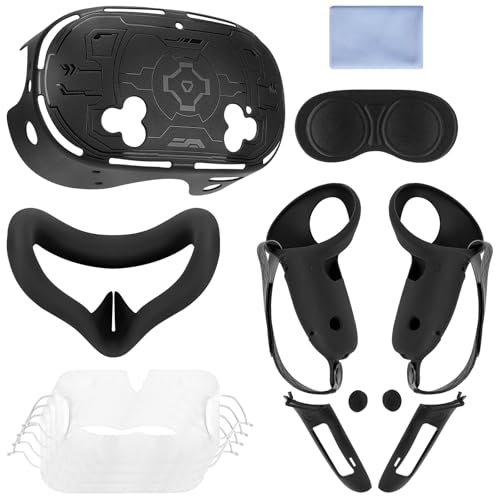 Geekria Set di cover in silicone per VR compatibili con Meta Quest 3S, copertura per impugnatura per controller touch, copertura frontale in silicone con copertura protettiva per obiettivo, protezione