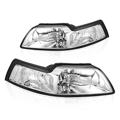 AUTOSAVER88 Headlight Assembly Compatible with 1999 2000 2001 2002 2003 2004 Ford Mustang Replacement Headlamp kit Headlights Chrome Housing Clear Reflector