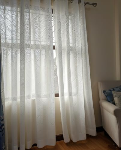 Image of Net Curtains Semi Transparent Sheer Curtain /Zigzag Pattern Door Curtain 7 Feet Long Set of 2 Pcs, Window, Long Door, Living Room Parde, Cream Color