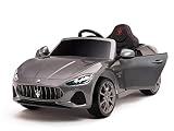 PEKECARS Coche Infantil de batería para niños Compatible con Maserati GC Sport Plata Metalizado. Potencia 12V. Mando a Distancia 2.4G. Asa de Transporte, Ruedas de eva, Luces LED y música