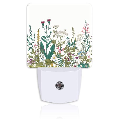 Image of Vintage Wildflower Herbs Plug Night Light,Botanical Floral Night Light Lamp Auto Sensor Energy Efficient Dusk to Dawn Lights for Girls Boys Women Room Decor,Hallway,Kitchen,Bathroom,Nursery,Stairs