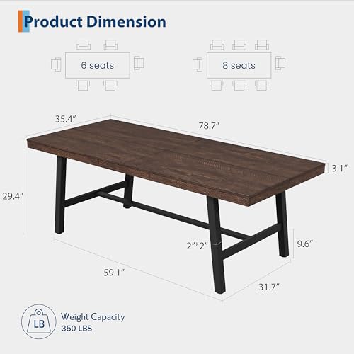 Image of GarveeHome Industrial Dining Table for 6-8 People, 78.7 inch Long Kitchen Table with Sturdy Metal Frame, Rectangular Counter for Dinner, Kitchen, Dining Room (Rustic Birch, 79 inch Non-extendable)