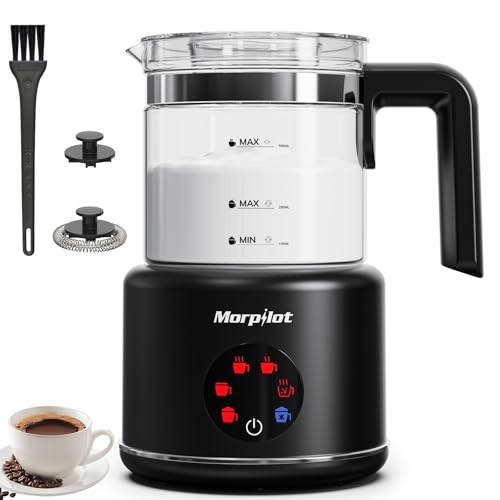Morpilot Espumador de Leche Eléctrico, Espumador Frío y Caliente 500ml, Batidor de Leche con Vidrio 6 en 1, Apagado Automático, CE/RoHS/ERP, Ideal para Café Capuchino y Chocolate Caliente