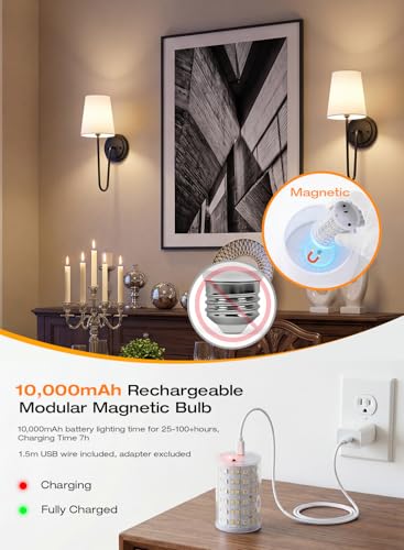 Image of CLOUDY BAY 10000mAh Battery Operated Wall Sconces,Up to 100 Hours with Rechargeable RGB Dimmable Magnetic Bulb,Cordless Wall Lighting Fixtures with Remote for Bedroom,Black,2 Pack-15.4in