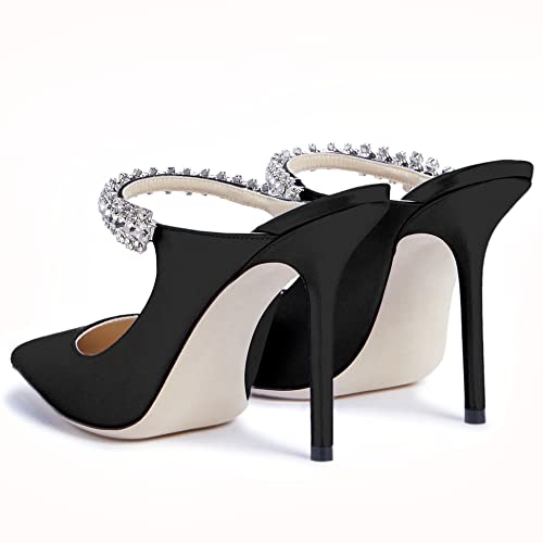 JANSEVEN Mules Heels for Women Heeled Sandals Black with Rhinestone Pointed Closed Toe Slip On Satin 4 Inches Bridal Wedding Shoes Sexy Size 8.5 by JANSEVEN - Used condition - Image 4