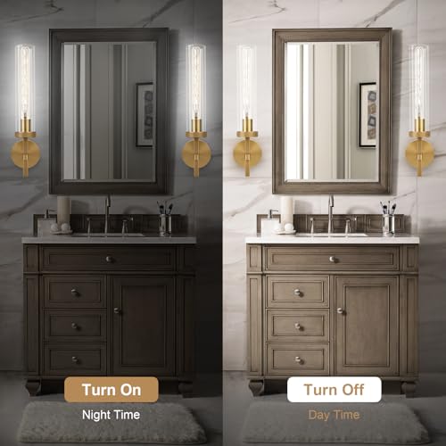 Image of Brass Wall Sconces Set of Two with White Lights, 19.5'' Brushed Brass Knurled Bathroom Sconces Wall Lighting Vanity Light with Clear Glass for Living Room Mirror Bedroom Stairs
