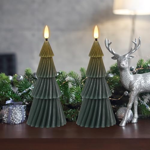 Image of Eldnacele Stripe Christmas Tree Flameless Candle with 6 Hour Timer, Battery Operated(Included) 3D Wick Flickering Real Wax Green LED Candles Xmas Eve Dinner Holiday Decor (2Pcs,3 inchx7.1 inch)
