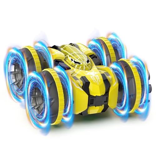 fygurso Waterproof Remote Control Car,4WD Amphibious 2.4 GHz RC Car Remote Control Boat,360°Rotation RC Stunt with LED Lights,Boys Girls Gifts All Terrain Water Beach Pool Toy Yellow