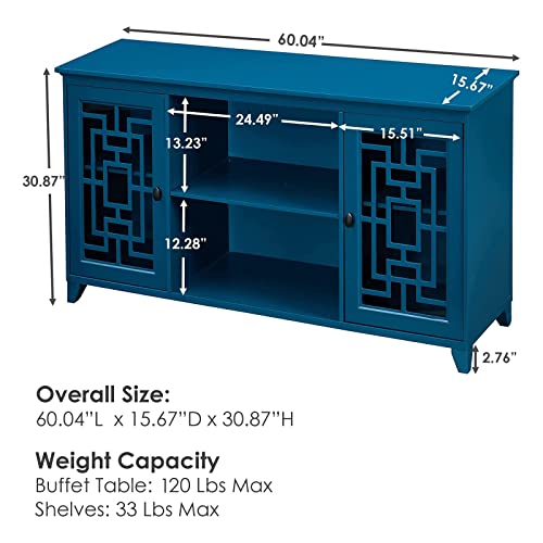 Kivenjaja Buffet Cabinet With Storage, 60” Sideboard With 2 Glass Doors And Adjustable Shelves, Coffee Bar Table Credenza For Kitchen, Dining Room, Entryway, Living Room (Teal Blue) #TOP1