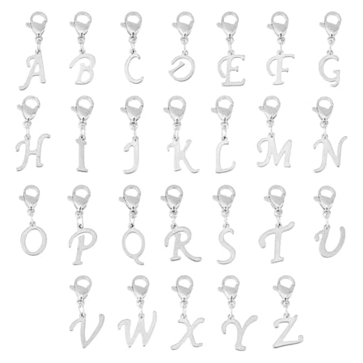 SUPERFINDINGS 26 Stück 304 Edelstahl Buchstaben Anhänger Charms Silberne Buchstaben A Bis Z Karabinerverschlüsse Charms Mini Alphabet Armband Halsketten Anhänger