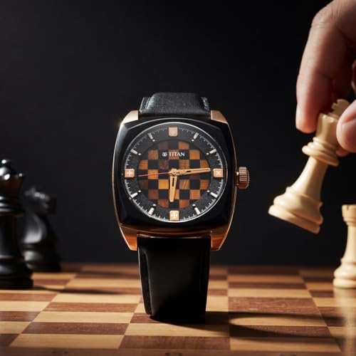Image of Titan Grandmaster X Gukesh Dommaraju Special Edition with Tiger Eye and Black Agate Dial Premium Leather Strap Automatic Watch for Men - 10073KL02