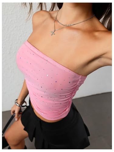 Image of Floerns Women's Rhinestone Sleeveless Bandeau Party Corset Strapless Tube Sequin Top
