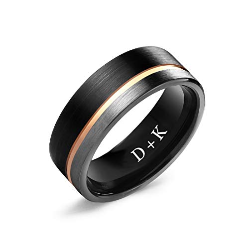 Ulan Moron Custom Engraved Rings Black Silver Brushed Finish with Gold Grooved Tungsten Carbide Band Free Personalized Promise Engagement Ring for Mens Birthday