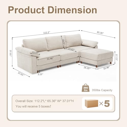 Image of Oversized L Shaped Sectional Couch for Living Room, Modular Cloud Sofa | Deep Seat, Chenille, Extra Large,with Ottoman&Washable Covers,Easy&Tool-Free Assembly,Hight Support Foam,for,Bedroom,Basement
