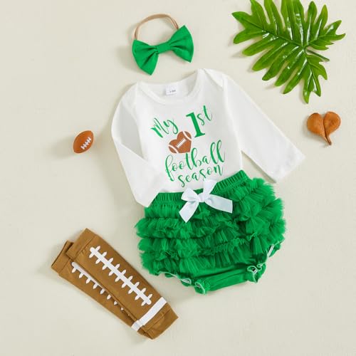 My 1st Football Season Baby Girl Outfit Newborn Letters Long Sleeve Romper Ruffle Bloomers Headband Leg Warmers Set3