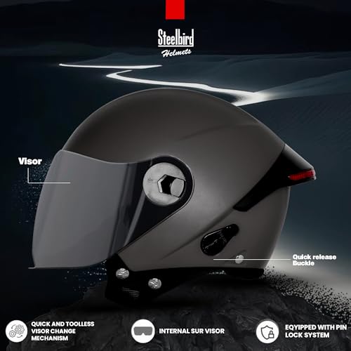 Image of Steelbird SBH-64 Brutal Plus Reflector ISI Certified Open Face Helmet for Men and Women with Extra Smoke Visor