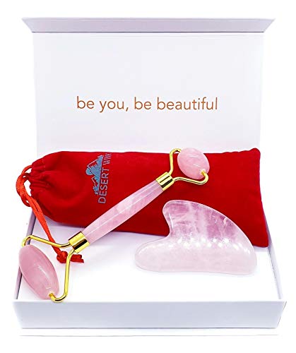 Rose Quartz Roller and Gua Sha Facial Tool, Jade Roller for Face, Wrinkles, Eye Puffiness, Anti Aging. Face Massager. Durable, Natural Noiseless.
