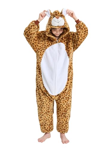 LONULAIN Unisex Kids Animal Oneise Pajamas Boys Girls Flannel Hooded Halloween Cosplay Costume/Homewear/Sleepwear (Leopard 9-10 Years)