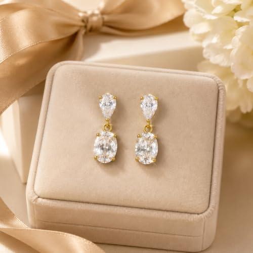 Gold Silver Dangle Earrings for Women, Dainty 14K Gold Plated Cubic Zirconia Drop Jewelry, Teardrop Bow Oval, Wedding Bridal Prom Gift (Gold Oval Drop) by Patwes - Used condition - Image 6