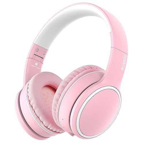 RORSOU B10 Wireless Over-Ear Headphones, Lightweight Folding Stereo Bass Bluetooth Headset with Mic, 50H Playtime, Volume Control, Bluetooth 5.3 Headphones for iPad/Travel/Tablet/PC (Pink)