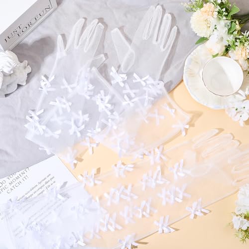 2 Pairs White Sheer Bowknot Elbow Length Long Lace Gloves Mini Bow Finger tulle Mesh Transparent Arm Accessories Sleeve Polyester Glove for Women Wedding Coquette Party Decoration Masquerade3
