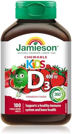 Jamieson Kids Chewable Vitamin D3 400 IU Strawberry Flavour, Supports Healthy Bone and Teeth Development, and Helps Immune Health. Vegetarian, Gluten-Free, No Artificial Colours, Flavours, or Preservatives, 100 Count