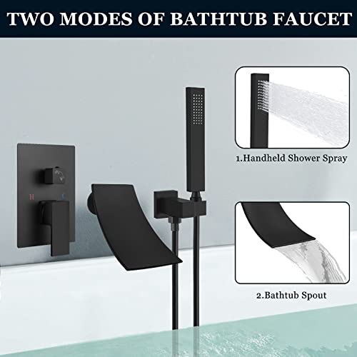 Midanya Matte Black Wall Mount Bathtub Faucet With Handheld Spray Waterfall Tub Filler Single Handle Bathroom Tub Mixer Tap High Flow Rate Hand-Shower System With Curved Spout Commercial #TOP1