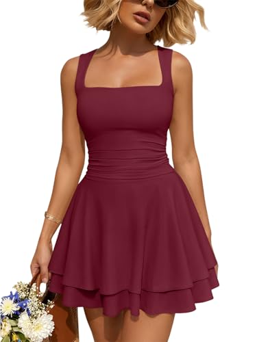 Image of Trendy Queen Women's Square Neck Summer Party Flowy Ruffle Hem Ruched Waist Mini Dress