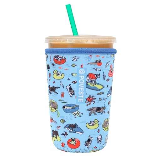 Image of Reusable Neoprene Insulator Sleeve for Iced Coffee & Cold Soda, Coffee Sleeves for Iced & Hot Drinks, Cold Beverage Cooler Compatible with Starbucks, Dunkin (Poolside Party, Medium: 22-24oz)